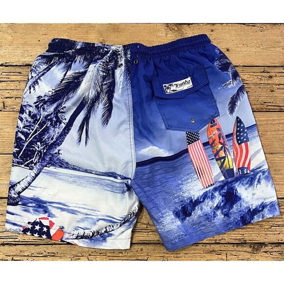 Trunks Surf & Swim Co Men’s Size M Blue Surf Tables Print Swim Trunks NWOT - Picture 2 of 7